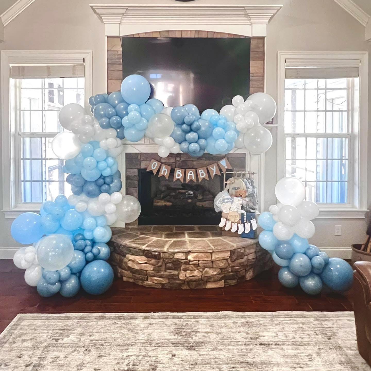 Blue and white balloon garland