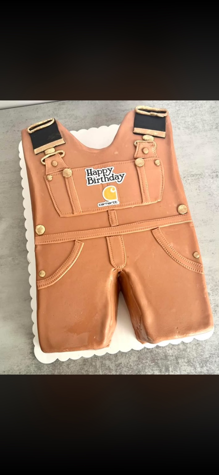 Custom overalls shaped birthday cake