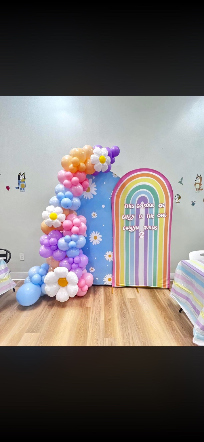 Pastel birthday balloon and arch backdrop